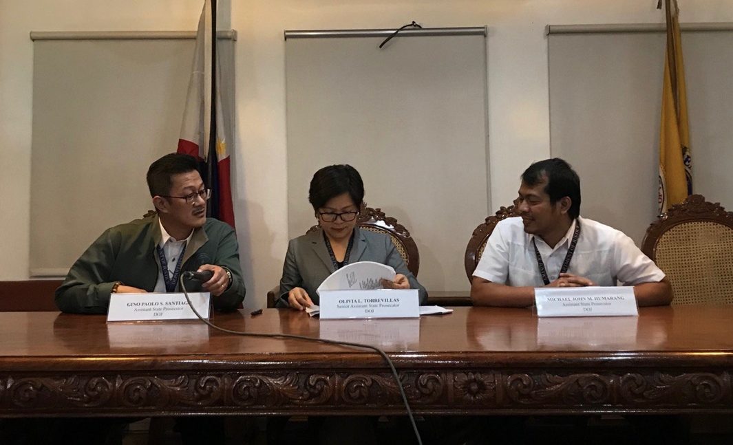 DESTABILIZATION PLOT? (L-R) Assistant State Prosecutor (ASP) Gino Paolo Santiago, Senior Assistant State Prosecutor Olivia Laroza-Torrevillas, and ASP Michael John Humarang explain their resolution finding basis that there was indeed an attempt to topple Duterte. Photo by Lian Buan/Rappler 