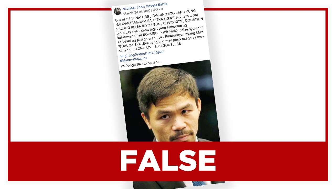 FALSE: Pacquiao was ‘only senator’ who responded to coronavirus crisis