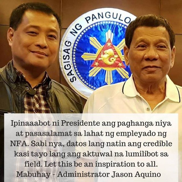 SUPPORT FROM DUTERTE. The National Food Authority Facebook account shares a photo of NFA Administrator Jason Aquino's meeting with President Duterte on March 1. Photo from NFA Facebook   