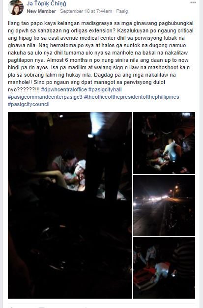 CRITICAL. A facebook post shares how the motorist suffered a hematoma after figuring in a crash last September 17, 2017. Screenshot from R.A.C.E.R. Facebook group. 