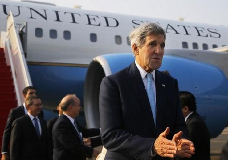United States Secretary of State John Kerry arrives at the airport in Jakarta on October 20, 2014 for the inauguration of Indonesian President Joko Widodo and meetings with other regional leaders. File photo by Brian Snyder/AFP