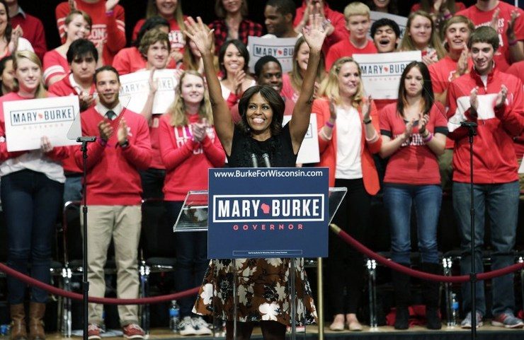 MICHELLE MAGIC. US First Lady Michelle Obama speaks during a campaign rally for Wisconsin gubernatorial candidate Mary Burke during a campaign rally at the Overture Center October 7, 2014 in Madison, Wisconsin. Darren Hauck/Getty Images/AFP
