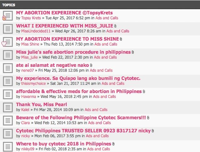 ONLINE FORUM. Sample topics in the website for women seeking abortions. Photo obtained by Rappler 