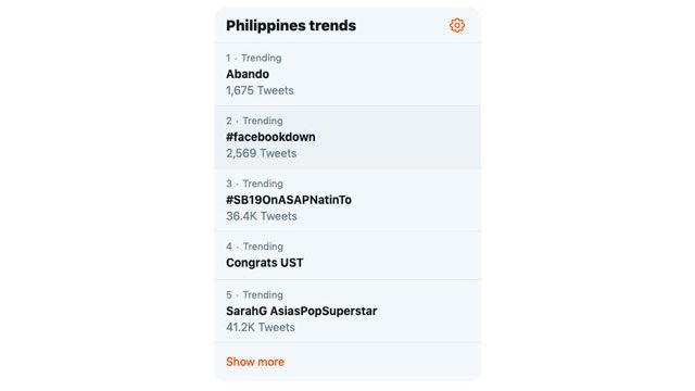 TRENDING. In the Philippines, #FacebookDown trends on Twitter. 