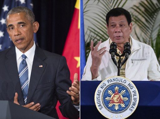 HOLDING US TO ACCOUNT. This combination image of two photographs taken on September 5, 2016 shows, at left, US President Barack Obama speaking during a press conference following the conclusion of the G20 summit in Hangzhou, China, and at right, Philippine President Rodrigo Duterte speaking during a press conference in Davao City, the Philippines, prior to his departure for Laos to attend the recently concluded ASEAN summit. Images by Saul Loeb and Manman Dejeto/AFP  
