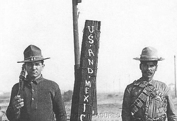 POLE AS BORDER. In the early 1900s, only a single pole separated Mexico and the United States. Photo given by Ginny Jordan