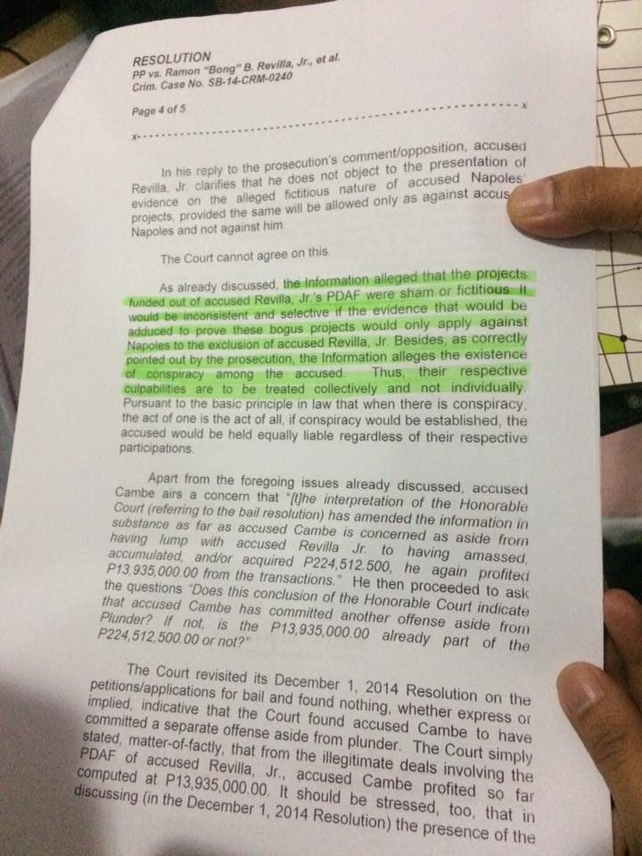 CONSPIRACY. Parts of a June 8, 2017 resolution from the Sandiganbayan First Division that sides with the prosecution in presenting ghost projects as evidence against Revilla. 