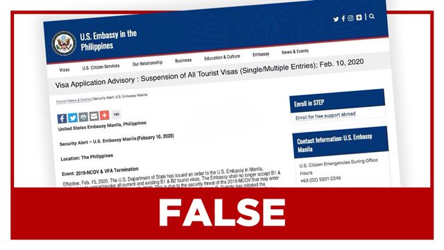 FALSE: U.S. embassy ‘suspends’ tourist visas due to virus, VFA scrapping
