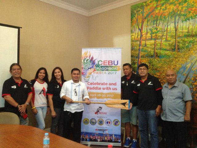 Members of the Dragon Boat Cebu Central with Cebu Provincial Sports Commission executive director Atty. Ramil Abing (4th from left) during the launching of the Cebu Dragon Boat Fiesta 2017. Also in the photo are (L-R) Randy Su, Arianne, Haide Acuña, Nonnie Lopez, Charly Holganza and Brando Velasquez. Photo by Mars G. Alison/Rappler 