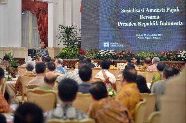SOSIALISASI. Presiden Joko Widodo memaparkan program pengampunan pajak (Tax Amnesty) Tahap II di hadapan pengusaha di Istana Negara, Jakarta, Jumat, 9 Desember. Foto oleh Yudhi Mahatma/ANTARA 
