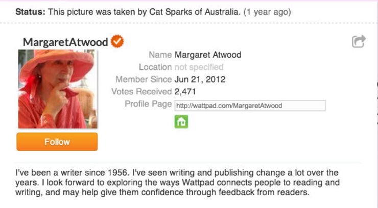 ONLINE. Screengrab of Margaret Atwood's profile page from Wattpad