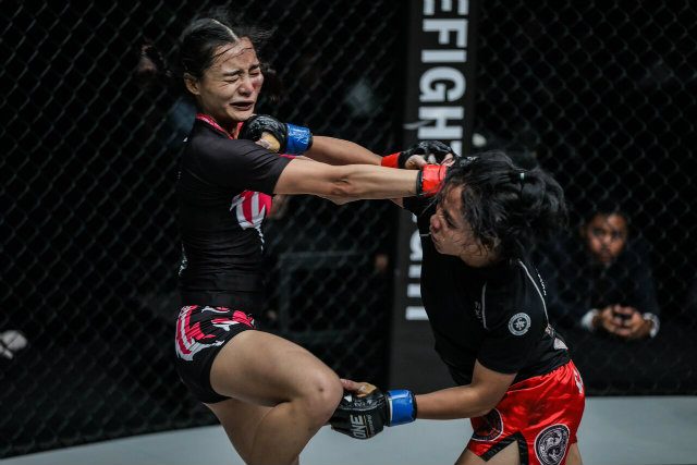 Jomary Torres lands a right hand to the chin of her fancied opponent in an upset win. Photo from ONE Championship 