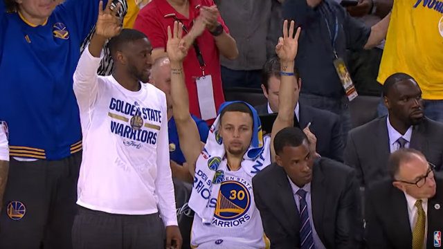 WATCH: MVP Steph Curry enjoys watching Game 2 from the bench