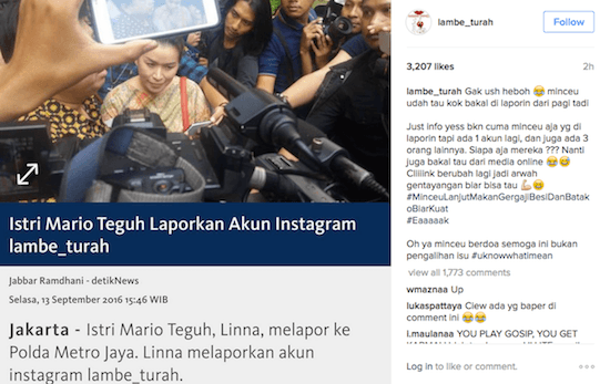 Pengelola akun instagram lambe_turah terlihat tidak terlalu menanggapi pelaporan Linna Teguh ke Polda Metro Jaya. Foto dari screen capture akun instagram lambe_turah. 