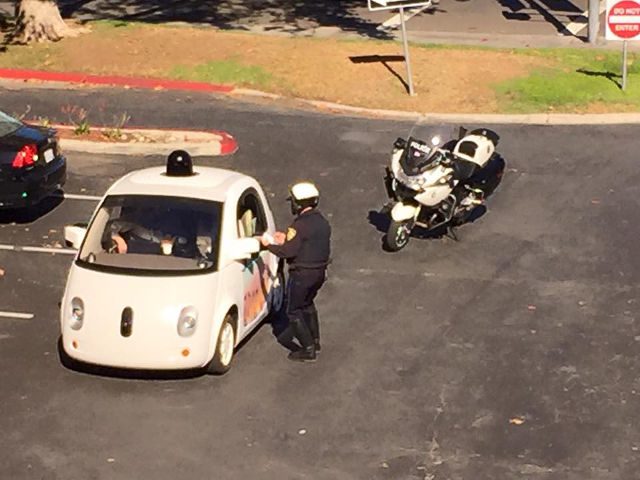 Cop stops Google driverless car for moving slow