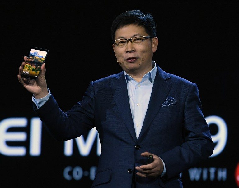 HUAWEI. CEO of Huawei Consumer Business Group Richard Yu introduces the Huawei Mate 9 phone as he delivers a keynote address at CES 2017 at The Venetian Las Vegas on January 5, 2017 in Las Vegas, Nevada. File photo by Ethan Miller/AFP 