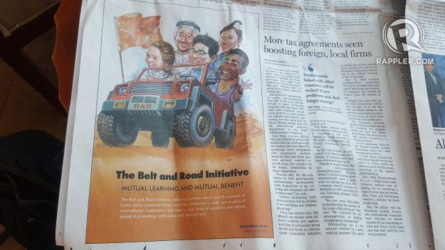 CHINA LEADING THE WAY. An advertisement for the Belt and Road Initiative in a May 12 edition of a Chinese newspaper shows China behind the stirring wheel. Photo by Pia Ranada/Rappler 