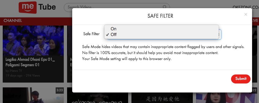 METUBE. Rekam gambar fitur Safe Filter dari laman MeTube 