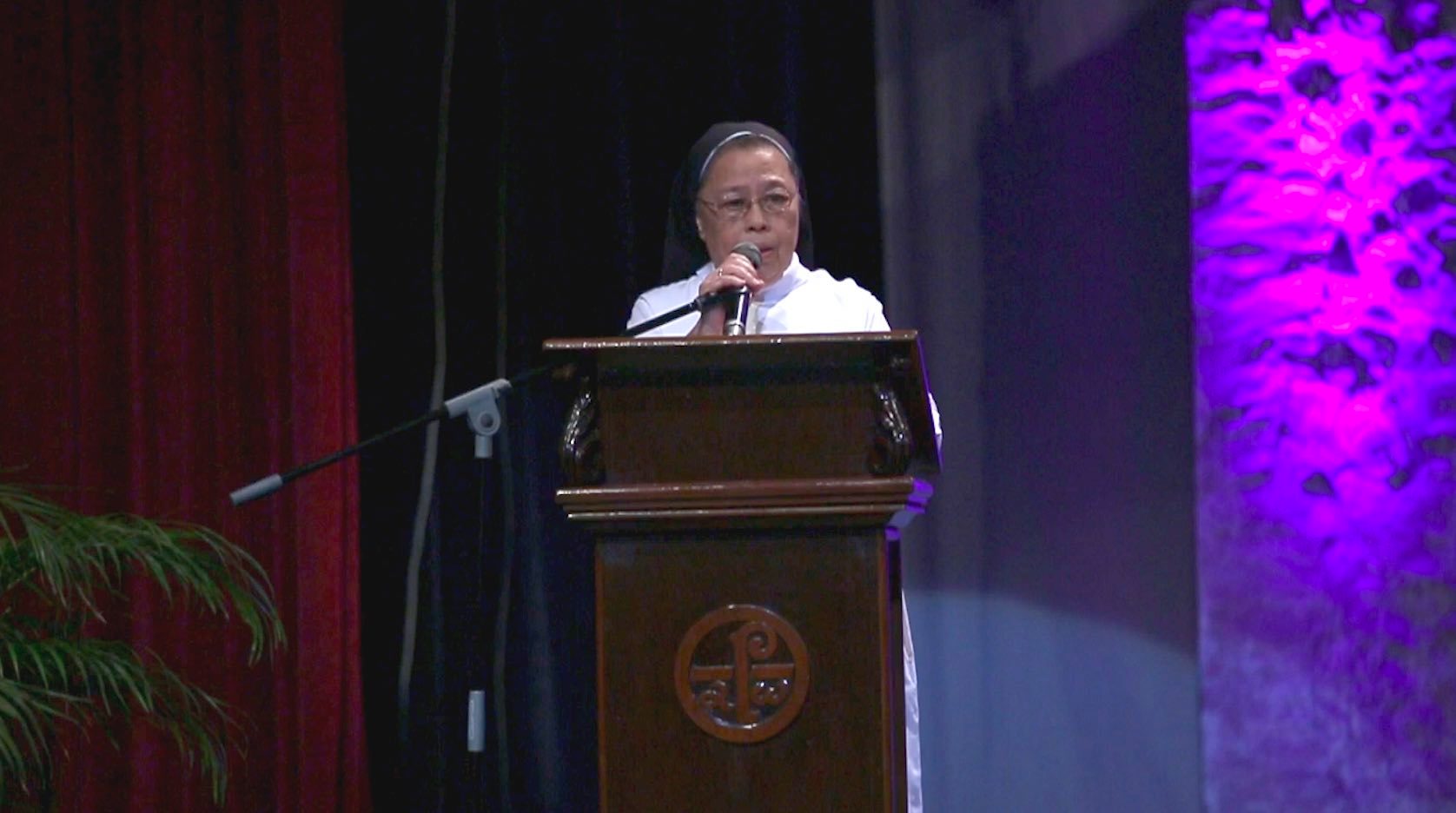 IN SOLIDARITY. St. Scholastica College's Vice President of External Affairs and Director of the Institute of Women's Studies Sister Mary John Mananzan delivers the opening remarks at the 13th Hildegarde Awards in St. Scholastica's College on April 24, 2019.