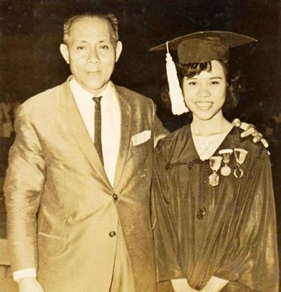 GRADUATION. Senator Miriam Santiago with her father during her graduation from UP Visayas. Photo from MDS Facebook     