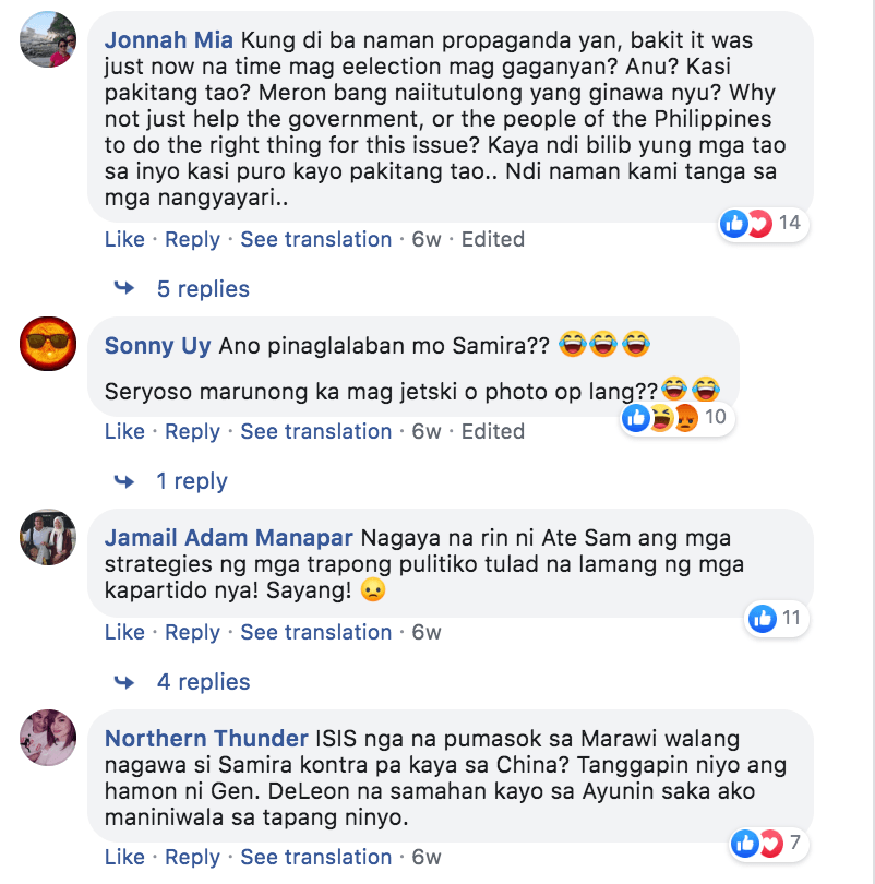 Comments on a post on Samira Gutoc's official Facebook page. 