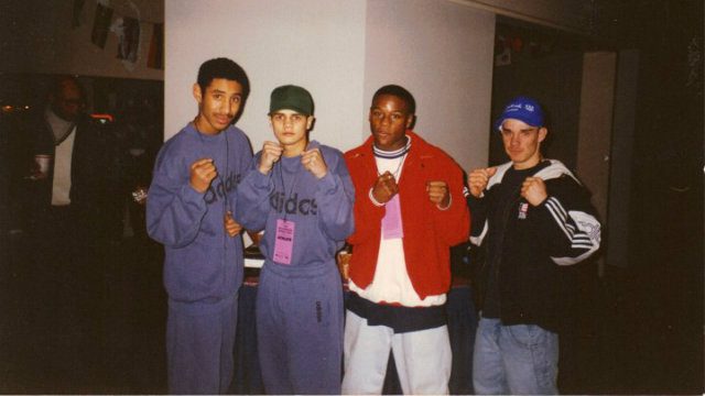 Floyd Mayweather poses with Diego Corrales (far left), whom he defeated in 2001 as a professional, Arnulfo Bravo (second from left), who beat Mayweather in the semifinals of the 1994 National Youth Championships, and Augie Sanchez (far right), who defeated Mayweather in their first bout of the 1996 U.S. Olympic qualifiers. Photo from Bravo's Facebook 