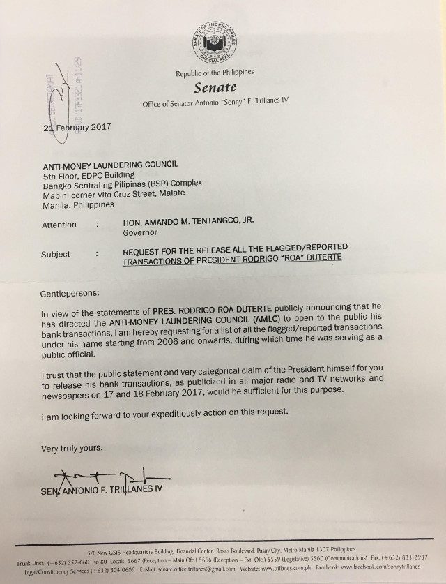 AMLC LETTER. A letter from the Office of Senator Antonio Trillanes IV requesting for a list of the flagged or reported transactions under President Rodrigo Duterte's name from 2006 onwards. 