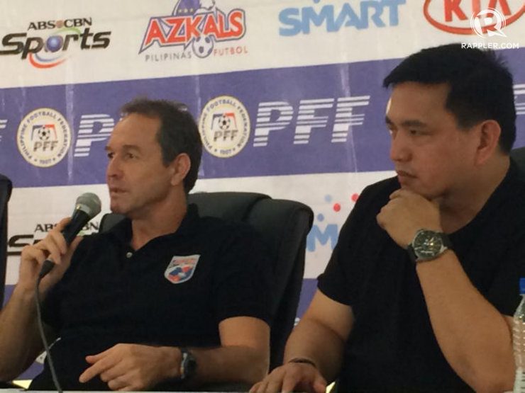 UNDER FIRE. Azkals coach Thomas Dooley (left) and Azkals team manager Dan Palami address the media after coming under fire following the departure of some of the national team's players. Photo by Ryan Songalia/Rappler