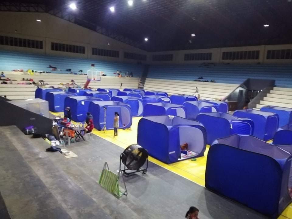 TYPHOON AMBO. During the pandemic, modular tents are positioned a few meters apart to ensure health and safety of the evacuees taking shelter in Naval Municipal Gymnasium as the province prepares for Typhoon #AmboPH on Thursday, May 14. Photo by Jan Albert Saulan 