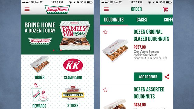 Home and ordering pages. Screen grabs from Krispy Kreme mobile app 