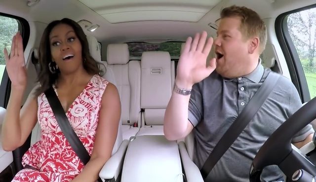 FLOTUS. James Corden gets a tour from none other than the First Lady of the United States, Michelle Obama. Screengrab from YouTube/The Late Late Show with James Corden 