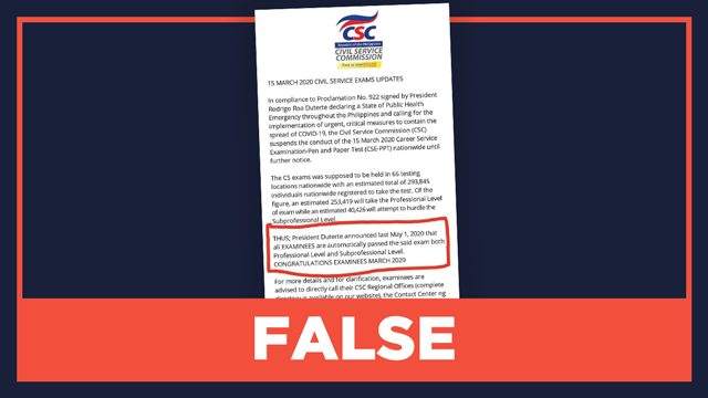 FALSE: March 2020 CSE examinees ‘automatically pass’ due to COVID-19