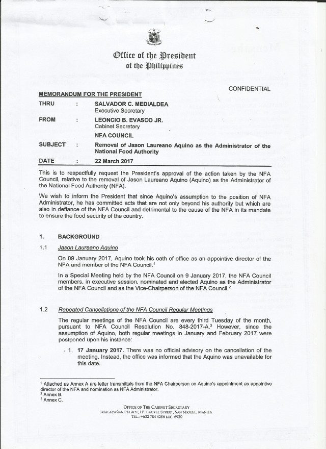 Evasco's letter to President Duterte seeking removal of Jason Aquino as NFA Administrator. Rappler sourced document 