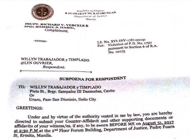 SUBPOENA. Willyn Trabajador faces a criminal complaint before the Department of Justice.  