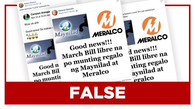 FALSE: Meralco, Maynilad waive March 2020 billings