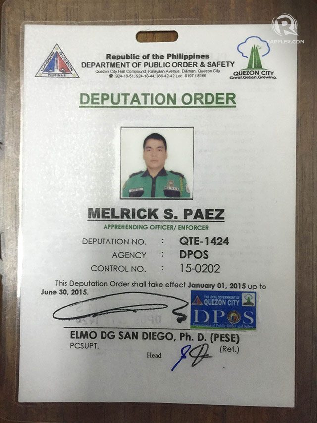 DEPUTATION ORDER. Melrick Paez of the Quezon City Department of Public Order and Safety (DPOS) shows his deputation order indicating his official function as an enforcer. Photo by Mara Cepeda 