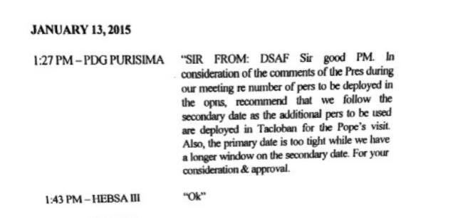 The text exchange between Purisima and Aquino on January 13, 2015. Screenshot from Ombudsman Conchita Carpio Morales' resolution 