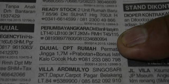 Iklan baris jual rumah bonus istri di Malang yang dimuat pada 28 Mei 2015. Foto oleh Dyah Ayu Pitaloka/Rappler 