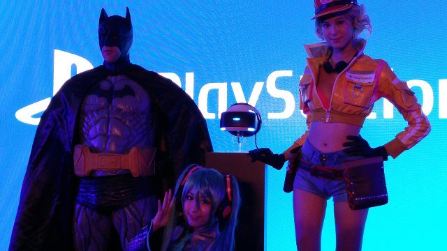 THE GANG'S ALL HERE. Batman, Final Fantasy XV's Cid, and Hatsune Miku pose with the PlayStation VR. 