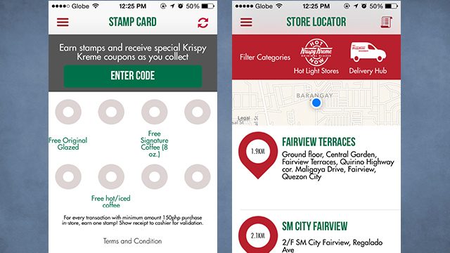 Stamp card and store locator pages. Screen grabs from Krispy Kreme mobile app 