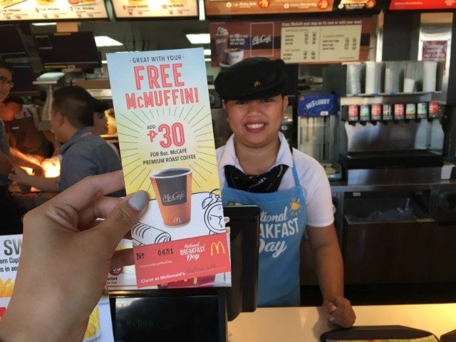 SATISFIED. Free McMuffin is best paired with McCafe Premium Roast Coffee. Customers can get it by just adding P30 
