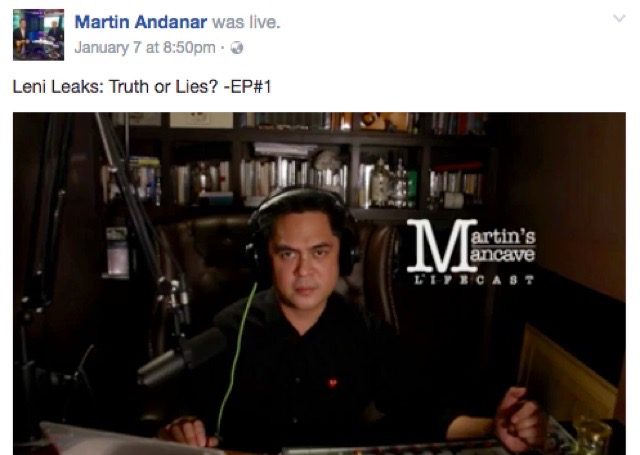 MANCAVE. Communications Secretary Martin Andanar launches his Martin's Mancave Lifecast on January 7, 2017. Andanar's Facebook page 