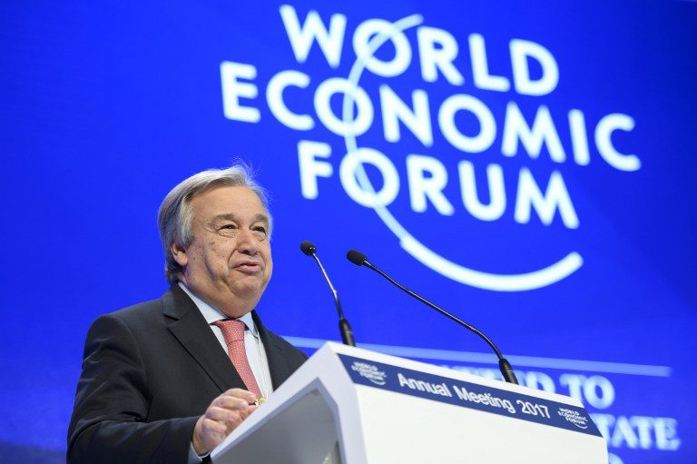 ANTONIO GUTERRES. UN Secretary General Antonio Guterres delivers a speech during a session of the World Economic Forum, on January 19, 2017 in Davos. File photo by Fabrice Coffrini/ AFP 
