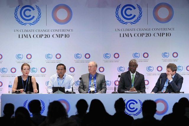 United Nations Environment Programme's (UNEP) Deputy Executive Director, Ibrahim Thiaw (2-R), and his collaborators, present the first study on Breach Adaptation Adjustment of the UN's UNEP program at the Climate Change Summit of Lima (COP20) in Lima, Peru, 05 December 2014. EPA/Paolo Aguilar