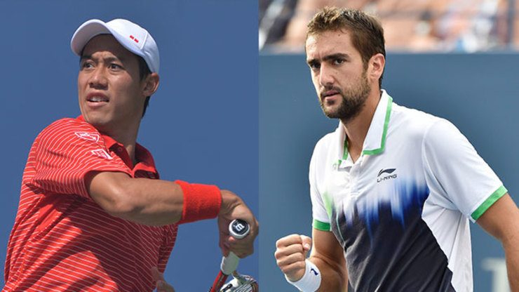 Kei Nishikori (L) and Marin Cilic (R) during their 2014 US Open semifinal matches, 6 Sept 2014. Photos by Justin Lane/EPA