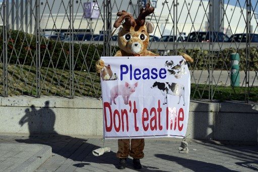 ETHICAL VEGANISM. Vegan activists dressed up like animals protest outside the venue of the UN Climate Change Conference COP25 at the 'IFEMA - Feria de Madrid' exhibition centre, in Madrid, on December 3, 2019. Photo by Cristina Quicler/AFP 