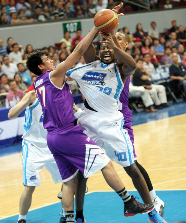 San Mig Coffee's James Mays is smothered by Air21's Aldrech Ramos and Wesley Witherspoon. Photo by Nuki Sabio/PBA Images