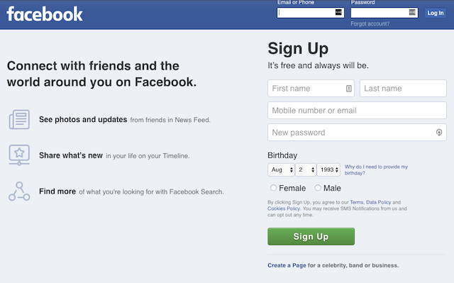 FACEBOOK HOMEPAGE. For more than a decade, Facebook's signup page slogan read, 'It's free and always will be.' Screenshot by Rappler 