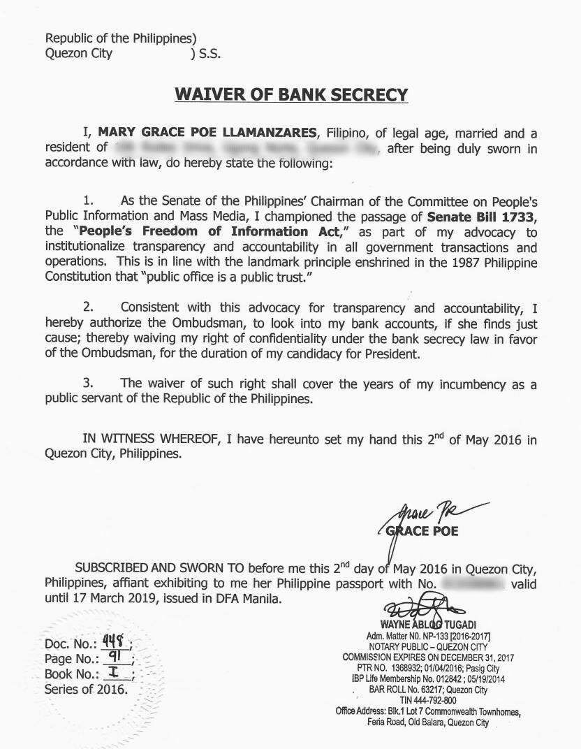 WAIVER. Presidential bet Grace Poe signs a waiver on bank secrecy on Monday, May 2. 