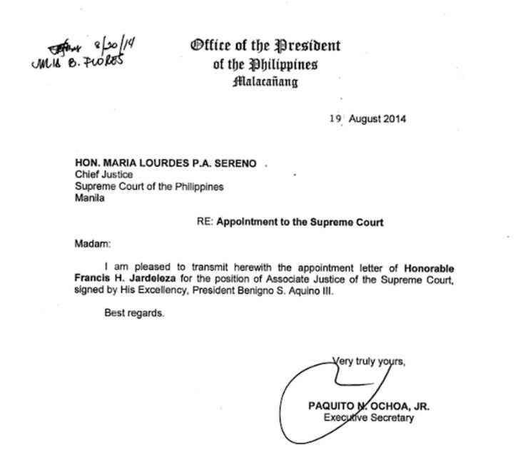 APPOINTMENT PAPER. The appointment paper of Solicitor General Francis Jardeleza is dated August 19, 2014, but is transmitted to the High Court on August 20.